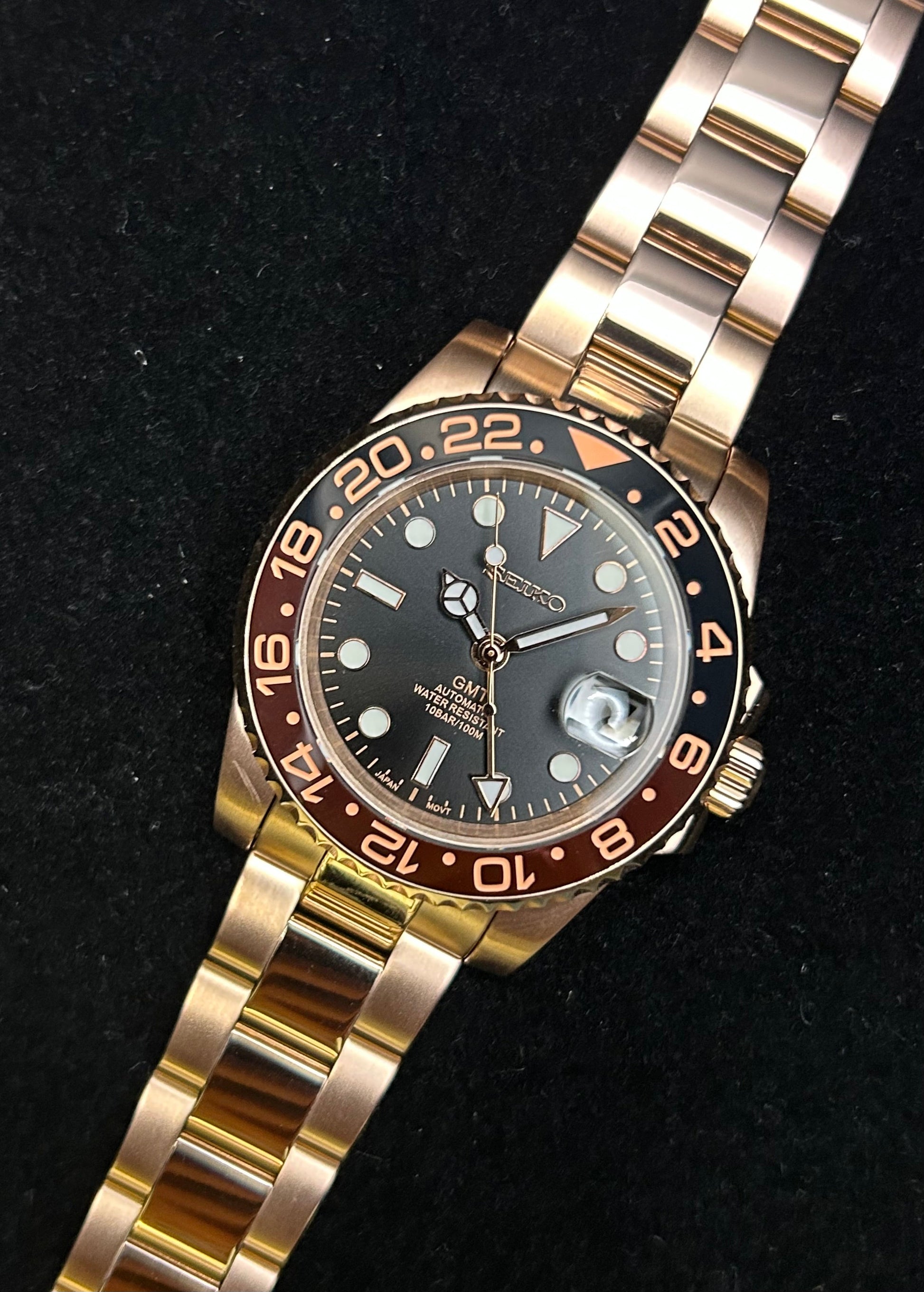 4-Hand Nh34 Gmt Rose Gold Ceramic Root Beer Bezel Sapphire Crystal 40Mm Lume Dial/Hands Full